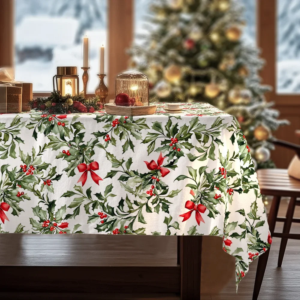 Single pack, Christmas theme, romantic floral tablecloth, white decoration, holly leaves and red bow patternxzj