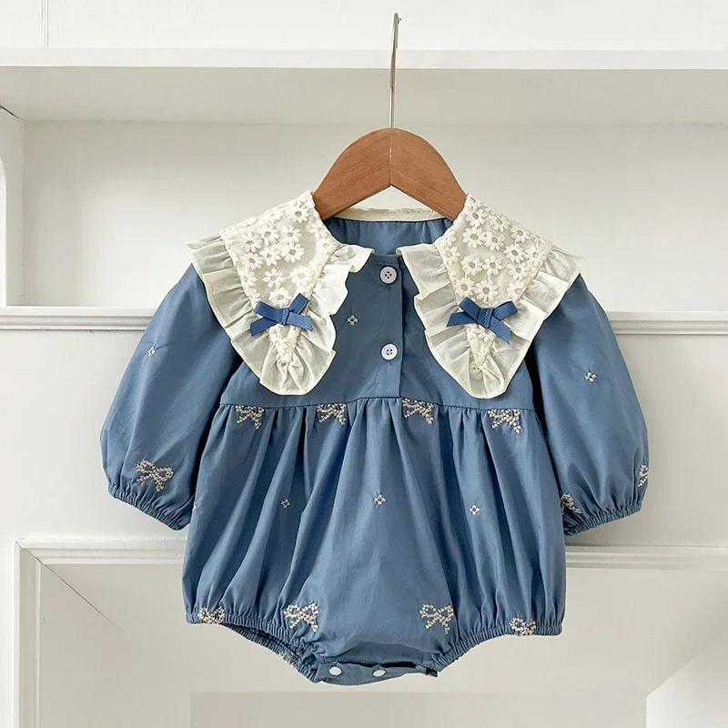 Autumn Infant Baby Girls Romper Embroidered Bow Newborn Cotton Rompers Long Sleeve Lace Kids Baby Jumpsuit Playsuit Baby Clothes