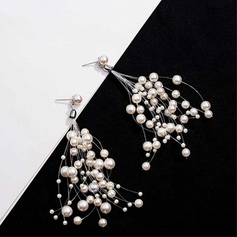 Elegant Long Tassel Simulated Pearls Earrings White Size Beads Earrings For WomanFish Line Earrings Wedding Bride Gifts