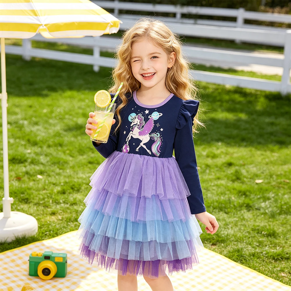 DXTON Prinzessinnen-Mesh-Kleid für Mädchen, Einhorn, geschichtetes Mesh-Kleid, Kindergeburtstagskleidung, langärmelig, Herbstkleid für Babys und Kinder – Detail 2