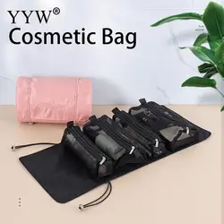 Bolsa de cosméticos desmontable 4 en 1 para mujer, bolso de mano impermeable con cordón, caja de maquillaje, organizador de almacenamiento de lavado de viaje portátil plegable