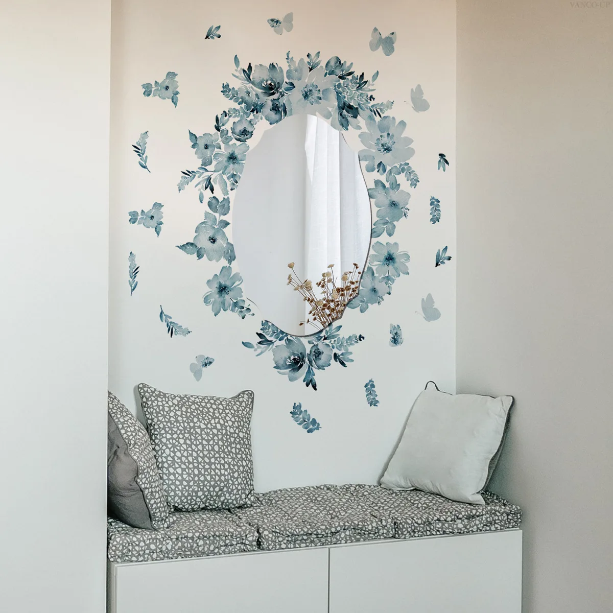 JM7520 + M14637 dark green flower butterfly rhombus mirror sticker bedroom bathroom home background