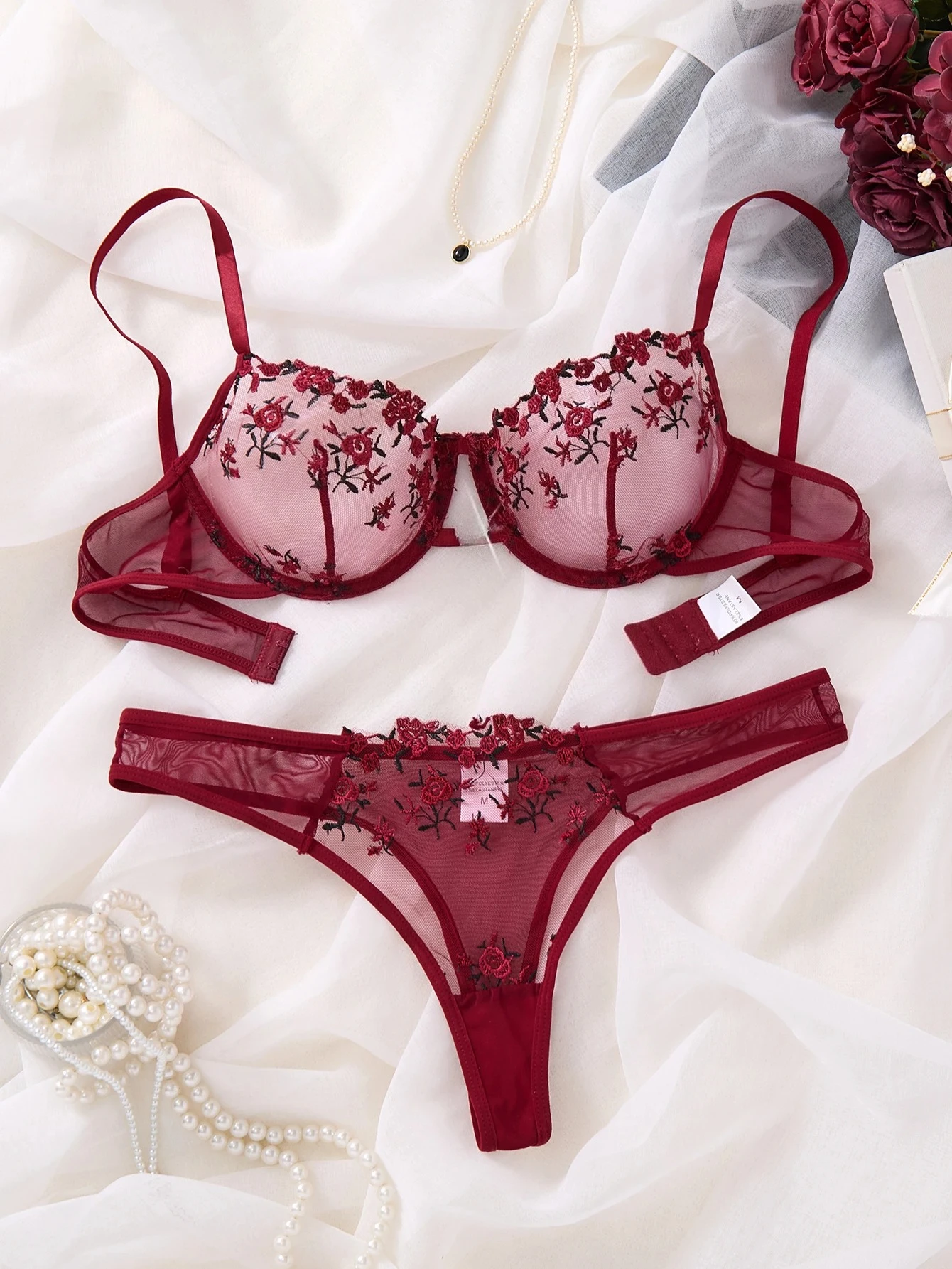 WineRed French-Style Floral Embroidery Lace Lingerie Set, Sexy and Pure Desire Sheer Bra Support, Valentine's Day Party