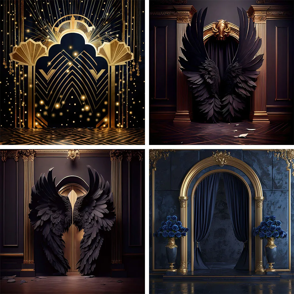 

Mehofond Black Gold Palace Wing Photography Backdrop Wedding Maternity Portrait Luxury Arch Door Blue Flower Decor Backdrops