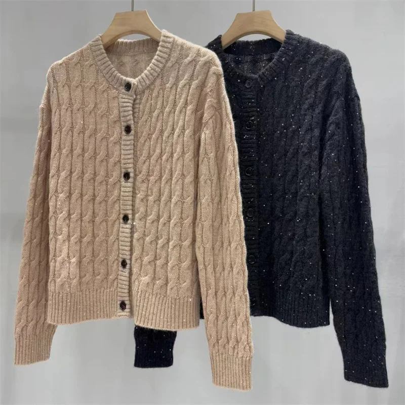 

Cardigan for women New elastic knitted slim fit long sleeved top for autumn 2025 wool blend Women's sweater y2k sequin Knitwear