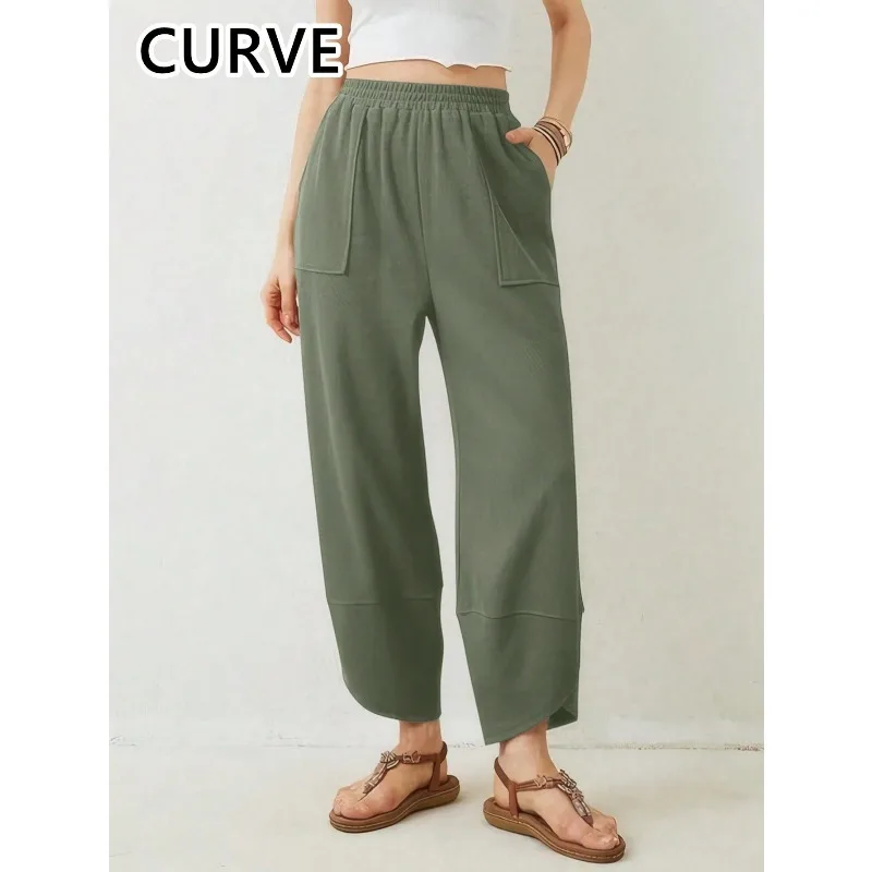 

Большие размеры 1XL-5XL, новые женские весенне-осенние однотонные шаровары с эластичной резинкой на талии, мешковатые брюки до щиколотки