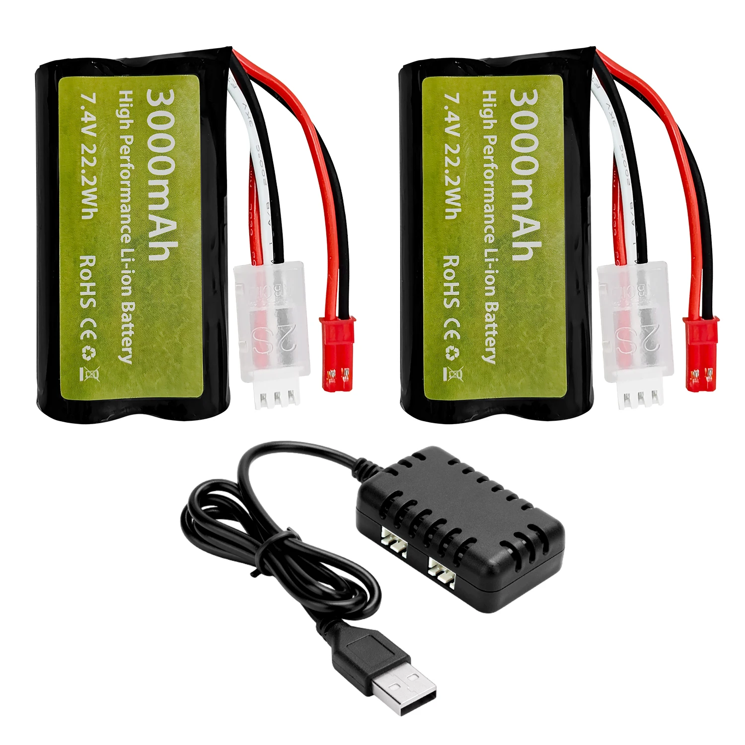 2PCS 7.4V 3000mAh JST-2P Plug Li-ion Battery+2-in-1 Charger For UDIRC UD1601 UD1602 SG1603 RC Car,1/10,1/12,1/16 Ratio RC Truck