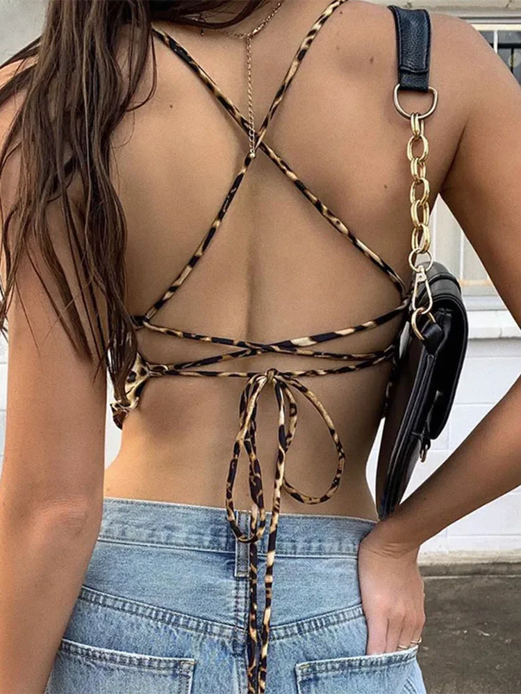Luipaardpatroon Vrouwen Tank Tops Backless Sexy Rave Outfits Mouwloos Cross Lace Up Bralette Crop Top Zomer Streetwear