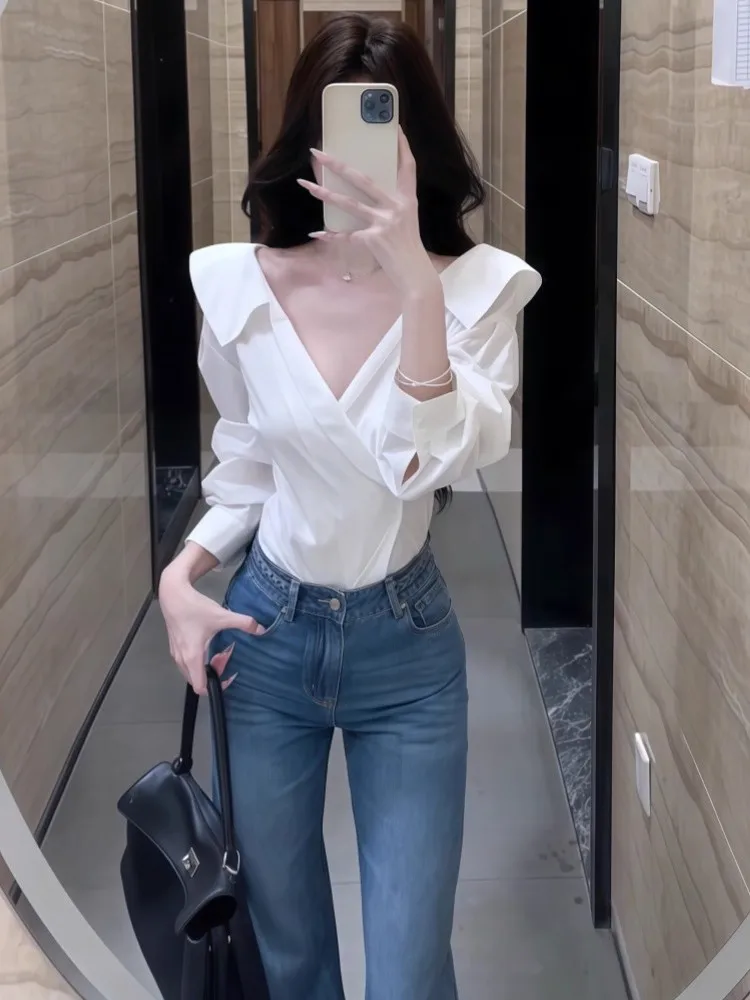 

Slim Fit V-Neck Cross Waist Women's Shirt Early Autumn Spring Slimming Versatile Base Layer Shirt Korean Style Casual Shirt