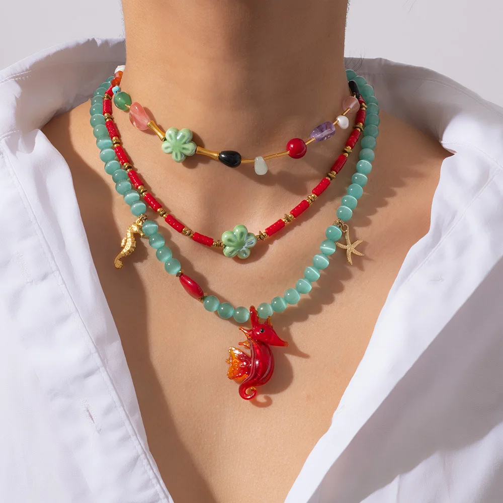 

Non Tarnish Natural Stone Beaded Necklace Lampwork Glass Seahorse Starfish Pendant Stainless Steel Summer Beach Jewelry for Wome