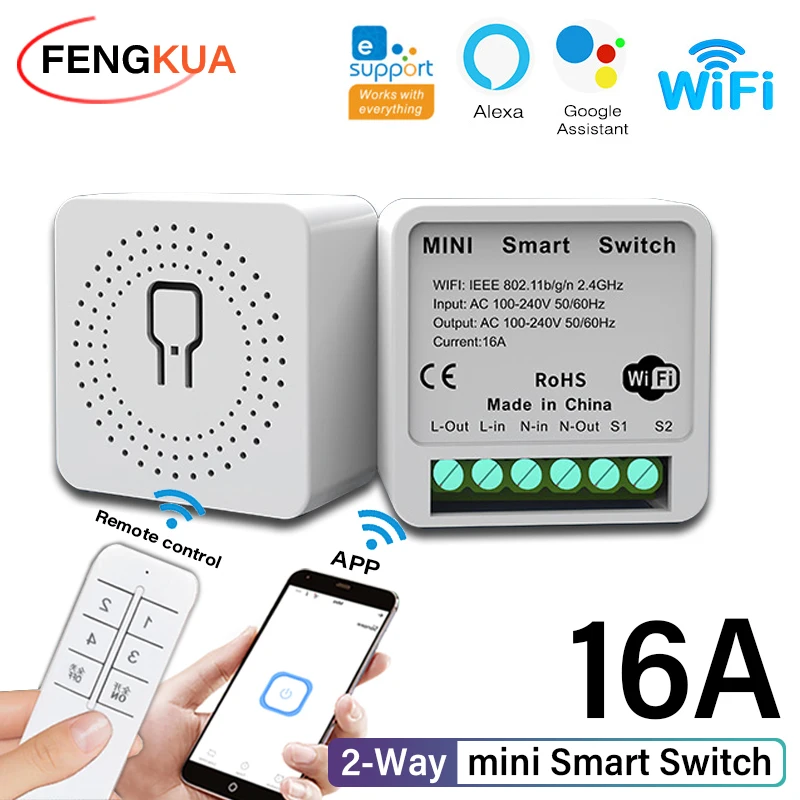 Interruptor Inteligente WiFi com Controle de Voz Sem Fio, Módulo Disjuntor, Interruptor de Luz DIY, App eWeLink, Alexa, Google Home, 2 Way, 16A