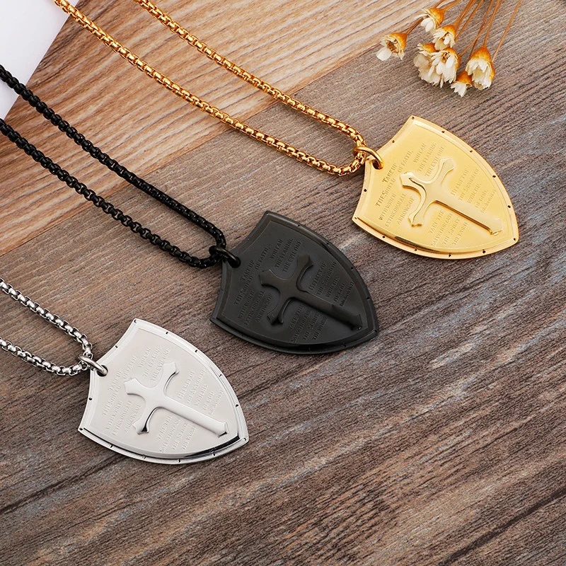 Fongten Knight Cross Shield Shaped Stainless Steel Male Pendant Necklace Trendy Men's Hip Hop Chain Fashion Jewelry Party Gifts