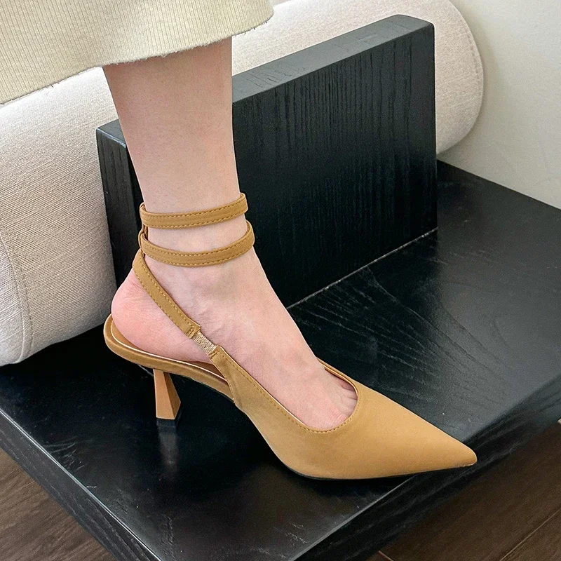 Slingbacks High Heels Pumps Women 2024 New Pointed Toe Thin Heeled Party Shoes Woman Solid Color Ankle Buckle Summer Sandals