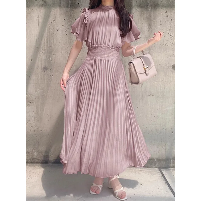 

2025 Spring Summer New Japanese Sweet Dress Fungus Bow Slim Fit A-line Robe High Waist Pleated Elegant Solid Vestidos Mujer