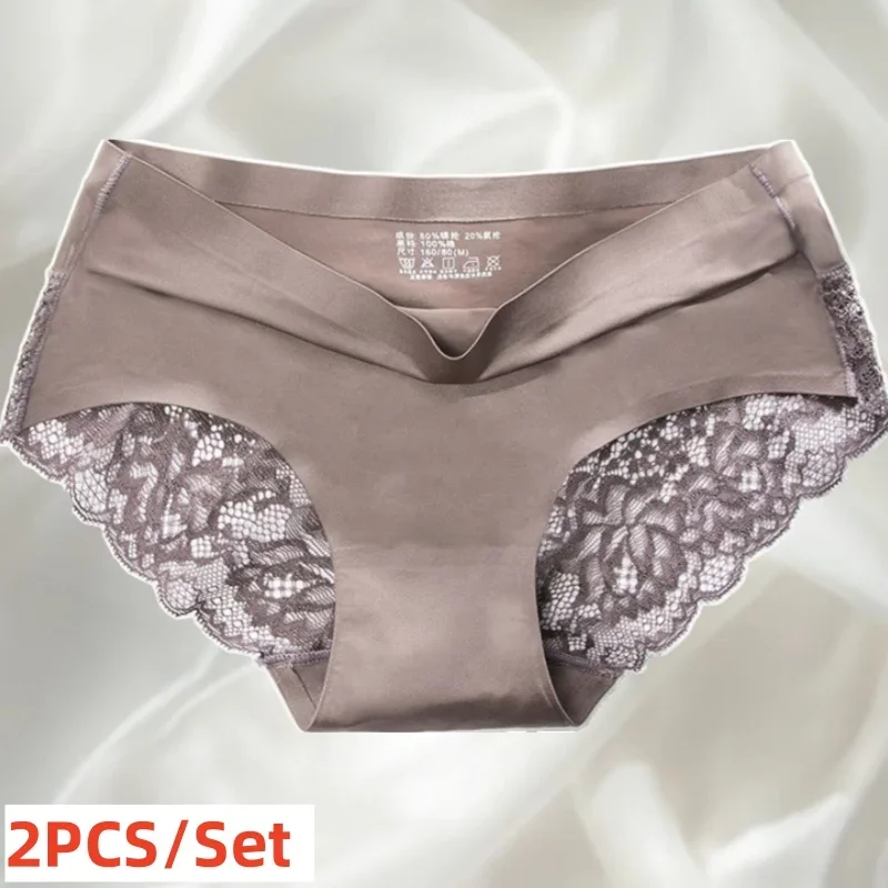 2PCS/Set Sexy Lace Women's Panties Ice Silk Seamless Underwear Satinbreathable and comfortable Lingerie Intimate Brief