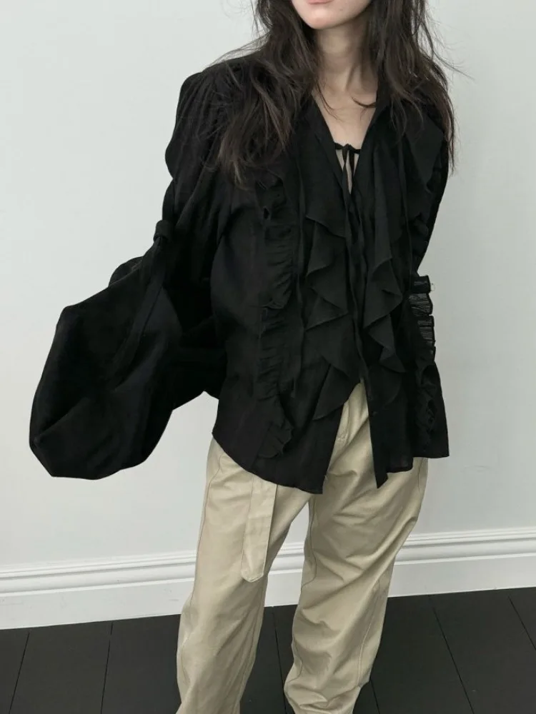 نموذج Ele Bla النسائي irt Faionable Textured Sensation Bubble Sve طويل Sve رفيع لأوائل الخريف #1