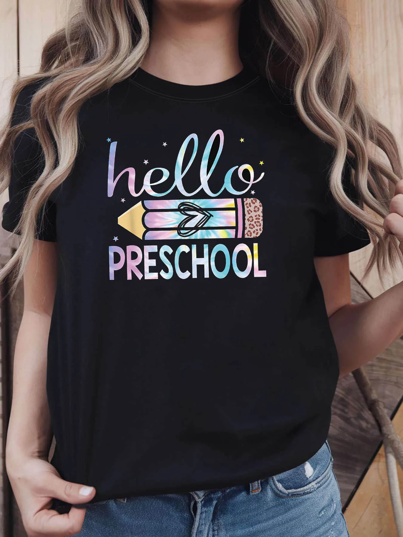 Preschool Opening Rainbow Pencil Print Women T Shirt Back To School Casual Class Short Sleeve Educational Atmosphere Tee