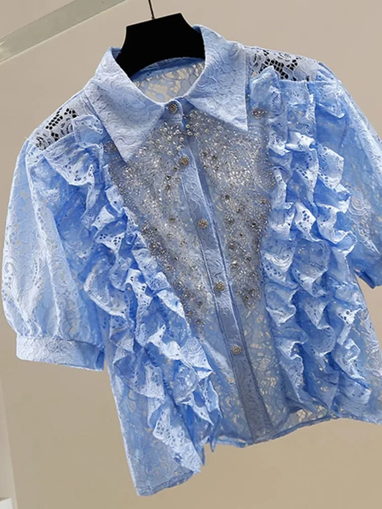 Fungus edge splicing design cavo industria pesante perline per unghie intarsiate con diamanti con paillettes risvolto camicia corta monopetto in pizzo