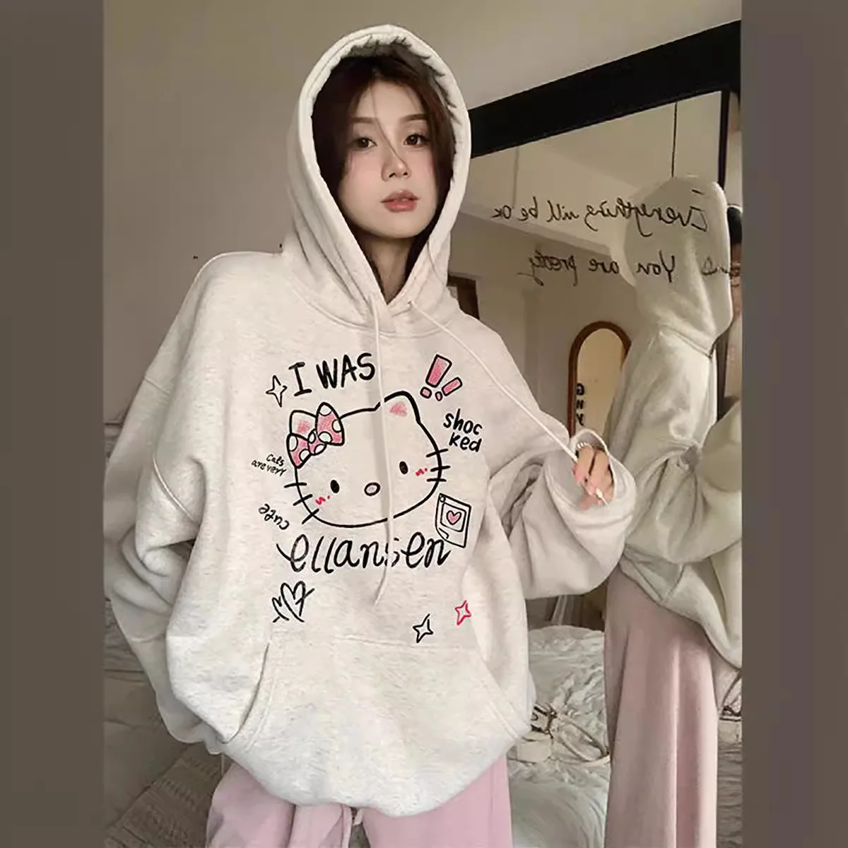 Cartoon Hello Kitty Cat Gray Hooded Hoodie Autumn and Winter Long Sleeve Cartoon Top Causal Pullover Cosplay Costume for Women