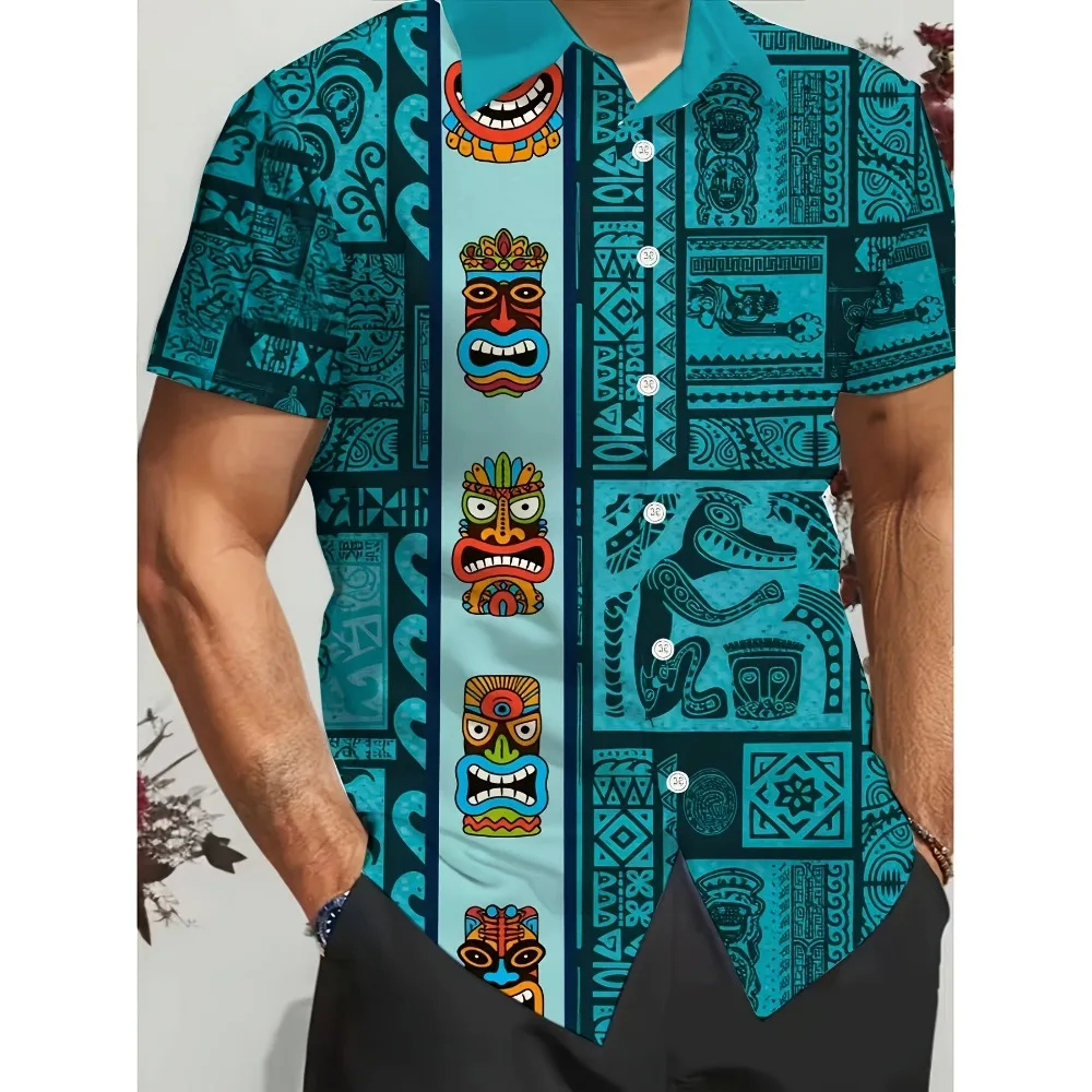 Split Panel Tribal Tattoo Square Block Maori Totem Stacked Tiki Face Full Print Men Hawaii Holiday Button Down Casual Shirt