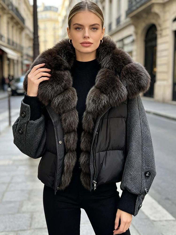 Lagabogy 2026 Natural Real Fur Collar Down Coat Women Thick Puffer Jacket Autumn Winter Loose Patchwork Sleeves Female Parkas