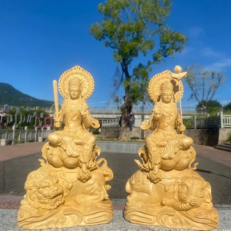 Hand-Carved Hinoki Manjushri & Samantabhadra Bodhisattva Statue - 9.8