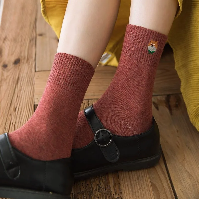 Borduren Cartoon Leuke Damessokken College Stijl Katoenen Lange Sokken voor Vrouwen Vintage Streetwear Sok Calcetines Mujer