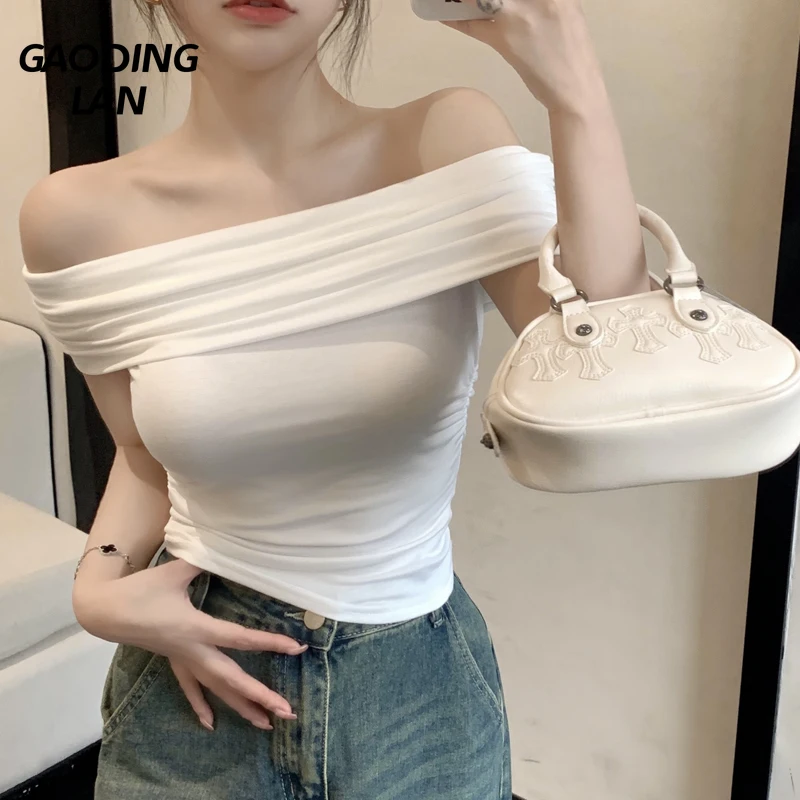 Hottie Sexy Slash Neck Tight Women Crop Tops Summer Slim Fit Solid Color Cotton Bottom Tees Chic Female T-shirts Temperament
