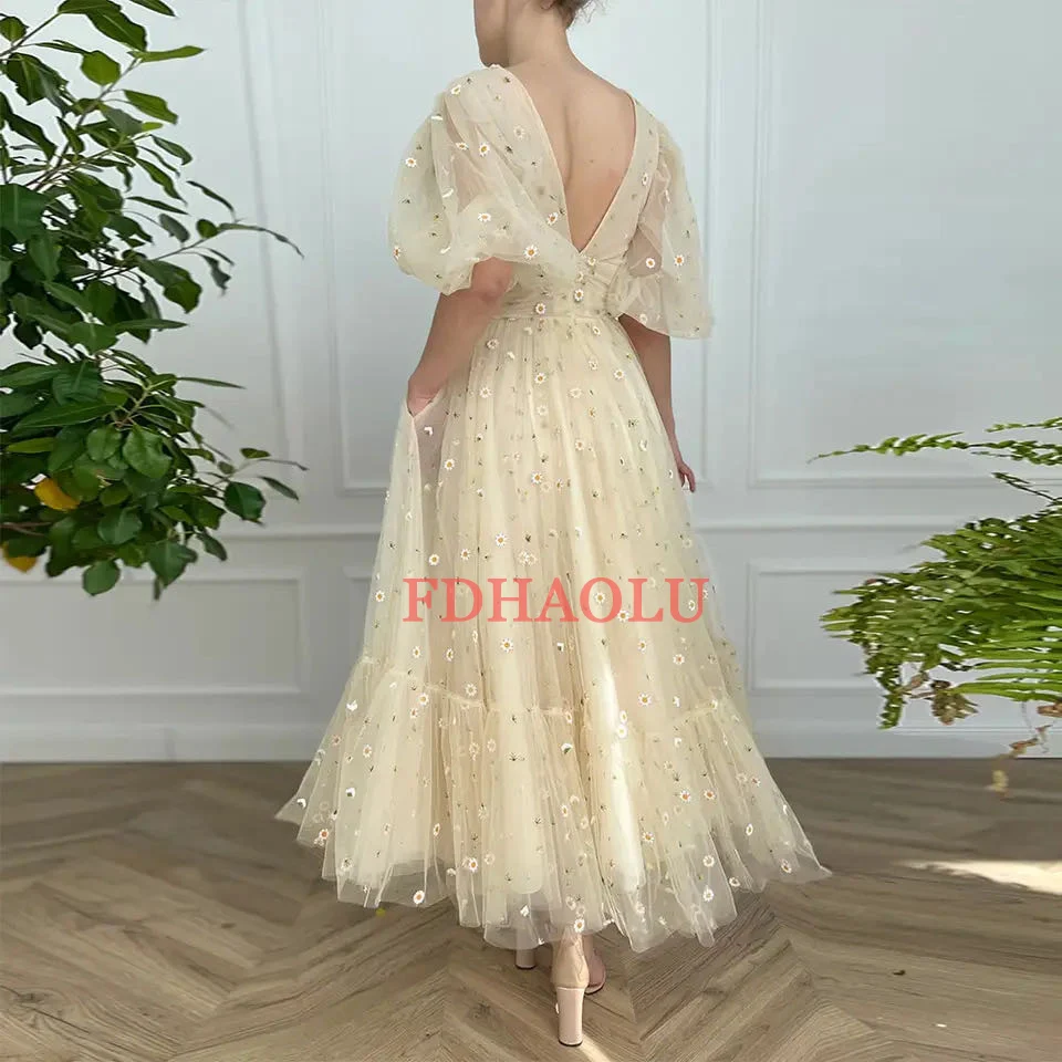 الخامس الرقبة أصفر فاتح تول ميدي فساتين لحضور الحفلات الموسيقية نصف نفخة الأكمام المطرزة الدانتيل فساتين السهرة طول الكاحل فستان الحفلات حسب الطلب