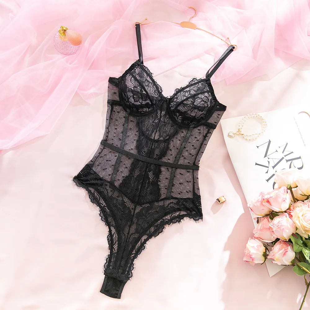 

Black Lace See Through One-piece Lingerie Women Sexy Sleepwear Mesh Perspective Bodysuits Splicing Slim Couple Date Home Outfit
