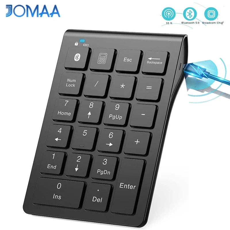 JOMAA Wireless Bluetooth Number Pad Rechargeable 22 Keys Numeric Keypad Portable Slim Numpad For Date Entry Laptop Computer