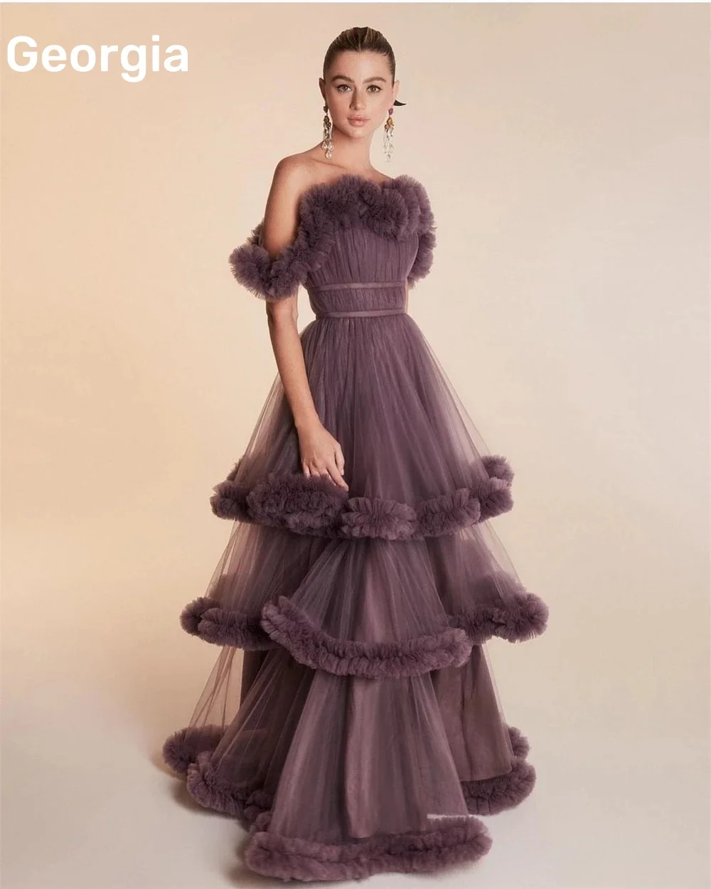 

Customized فساتين سهرة سعودية فخمة A-Line Strapless Prom Dresses Tulle Floor-Length Zipper Up Short Sleeves Evening Dress