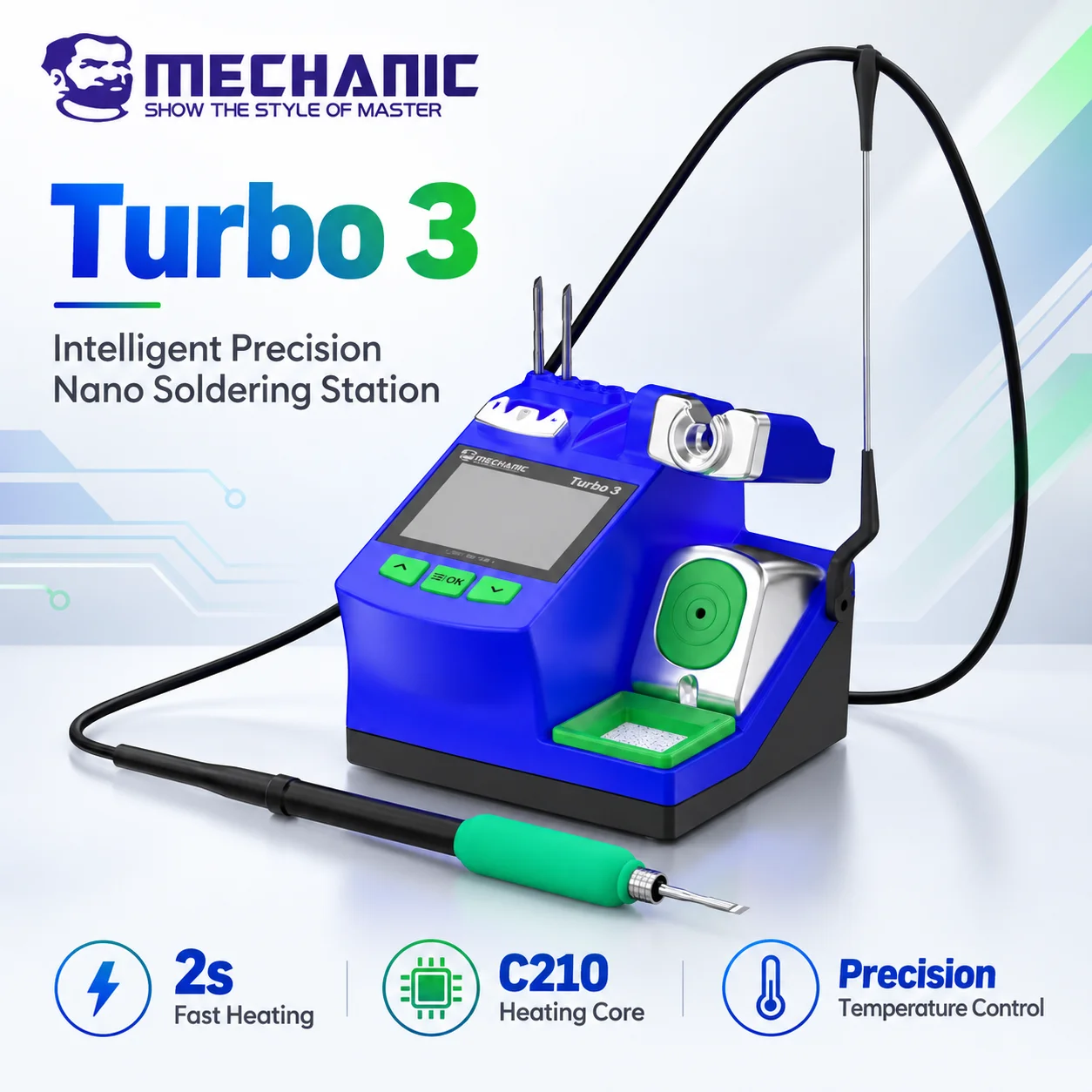 MONTEUR Turbo 3 Smart Nano-soldeerstation met 2,8 inch kleurenscherm AC-transformator 4 geheugensleuven voor elektronicareparatie