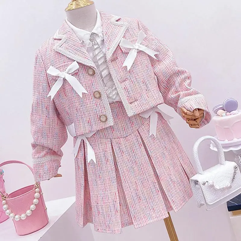 Fashion Kids Girls Princess 2pcs Clothes Set Spring Autumn Children Pink Coat Outwear+Skirt Vintage Outfits Suit for 3-12 years