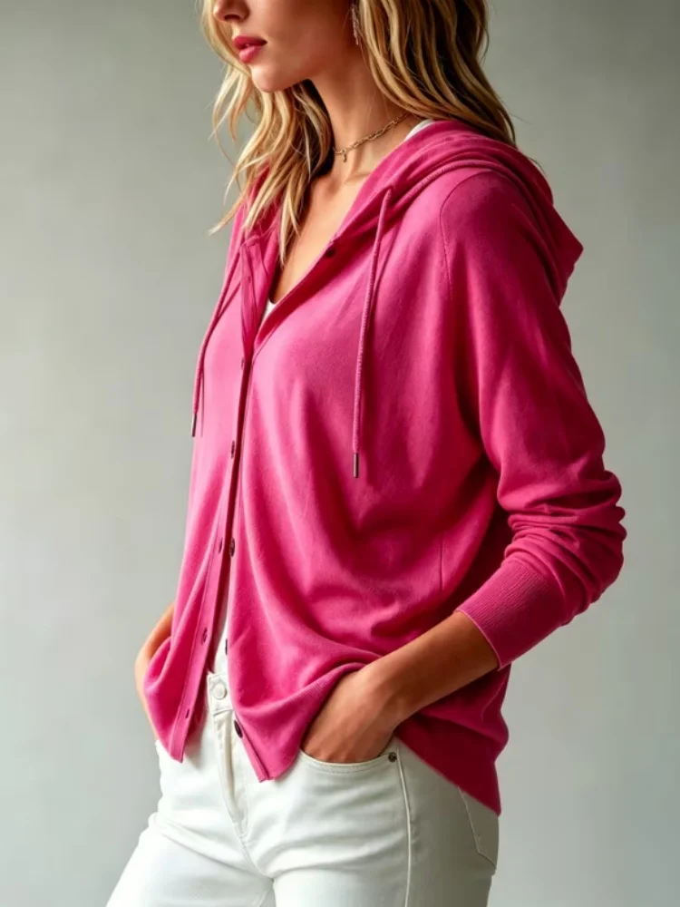 Spring Summer Thin Tencel Hooded Knit Cardigan  Tops Solid Color Simple Loose Casual Button Front Elegant Women's Sweater Coat