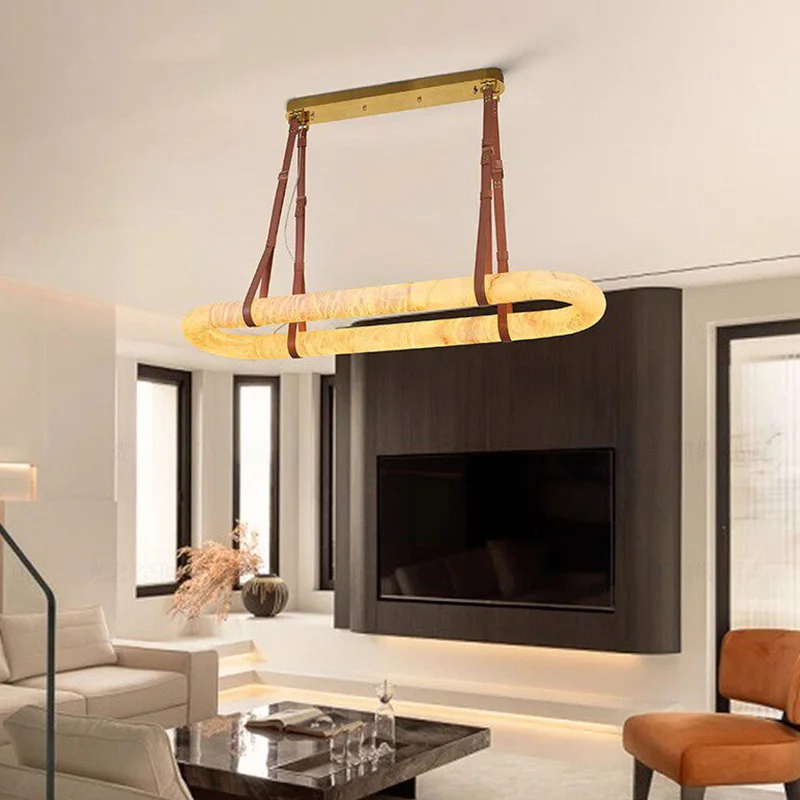 Oval Marble Chandelier with Leather Belt European LED Ring Suspension Luminaire for Living Room Kitchen Table Height adjustable