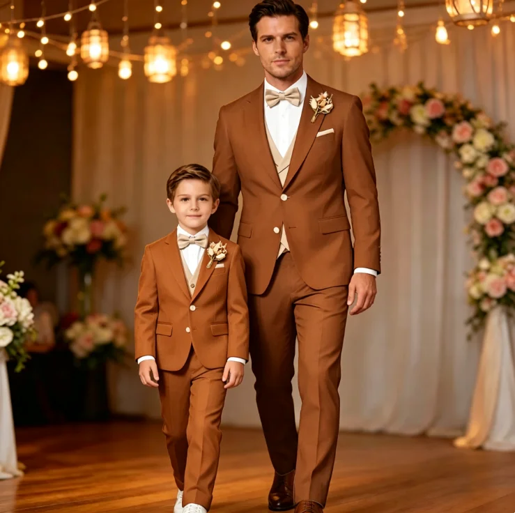 Formal Men's Suit 3pcs White Jacket Pants with Khaki Vest Slim-Fitting Parent-Child Custom Set for Wedding Prom Birthday Party