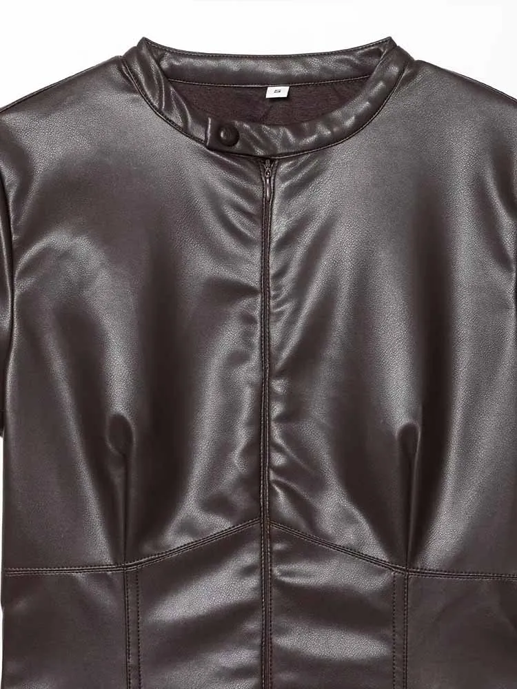 فستان قصير من الجلد الصناعي على الطراز الأوروبي والأمريكي للخريف/الشتاء وصل حديثًا برقبة دائرية وأكمام قصيرة #3