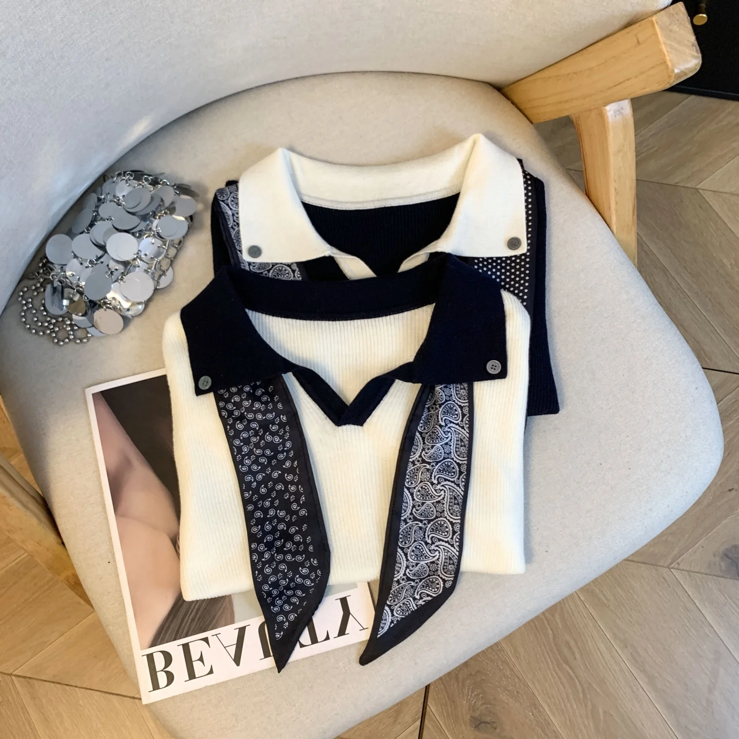 

Summer Women's ort Sve Knitted Ne T-irt Guangzhou Thirteenth Fac High Quali Vintage Sle with Scarf