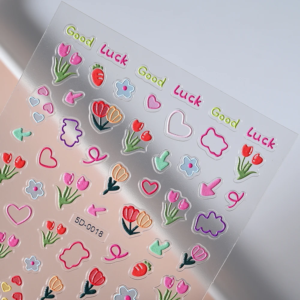 1 pçs 5d em relevo primavera flores adesivos de unhas dos desenhos animados floral carta/coelho/morango slider forgirl crianças diy manicure decalque