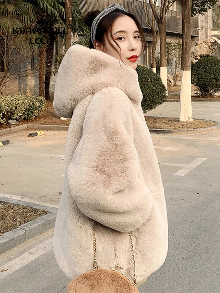 Korean Style Spring Hooded Jacket Artificial Rabbit Fur Plush Coat Long Sleeve Mid-Length Loose Cocoon Thick Women Autumn Winter