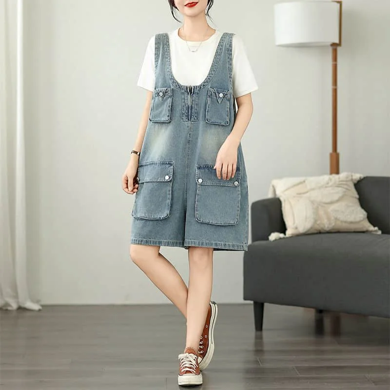 Denim Jumpsuits for Women Vintage Korean Style One Piece Outfit Casual Loose Rompers Wide Leg Jeans Summer New Women Clothing