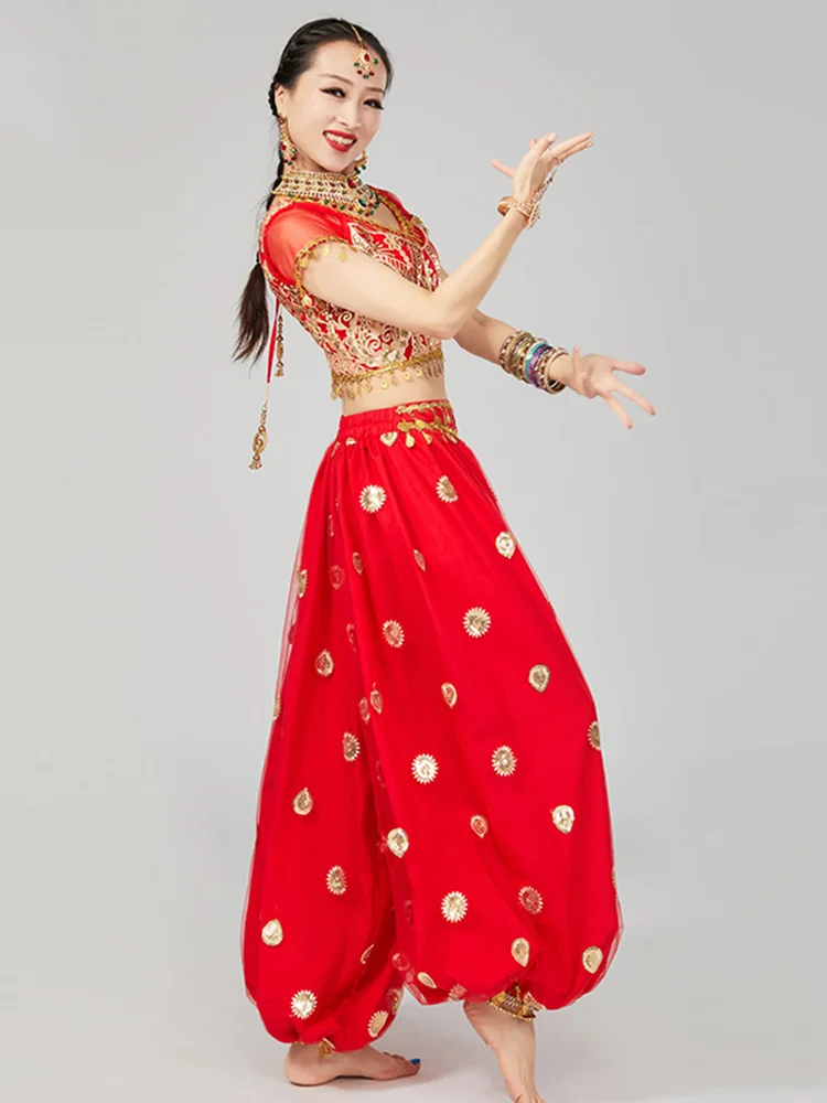 Indian Dance Costume Pants Tassel Lace Embroidery Suit Bollywood Dance Saree Suit Oriental Dance For Women Short Sleeve DQL10101