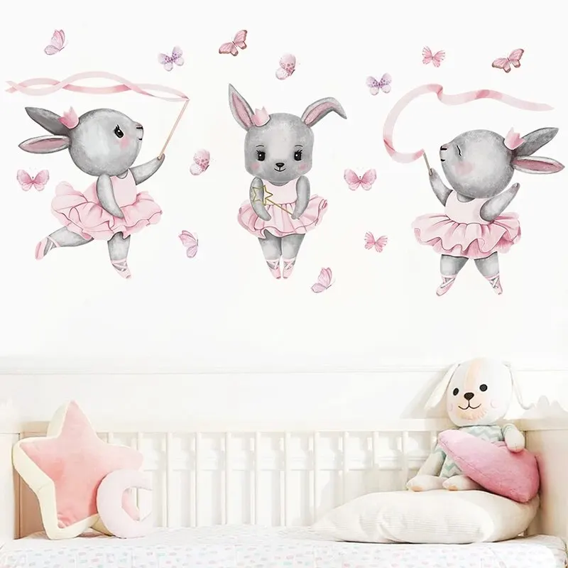 Cartoon Three Gray Rabbits Dancing Ballet Butterfly Wall Stickers for Kids Room Bedroom Nursery Home Decoration Wall Decal