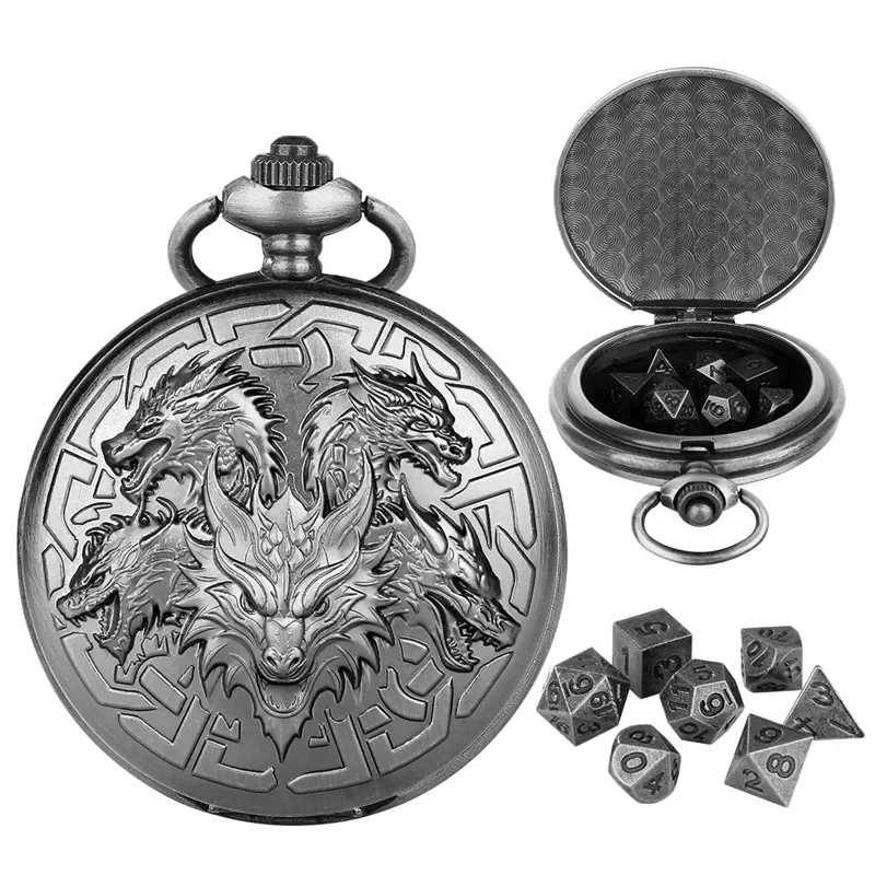 Bronze Five Dragon Head Empty Pocket Watch Case FOB Chain 7pcs Tiny Metal Polyhedral Dice Set Entertainment Dices for RPG Gaming