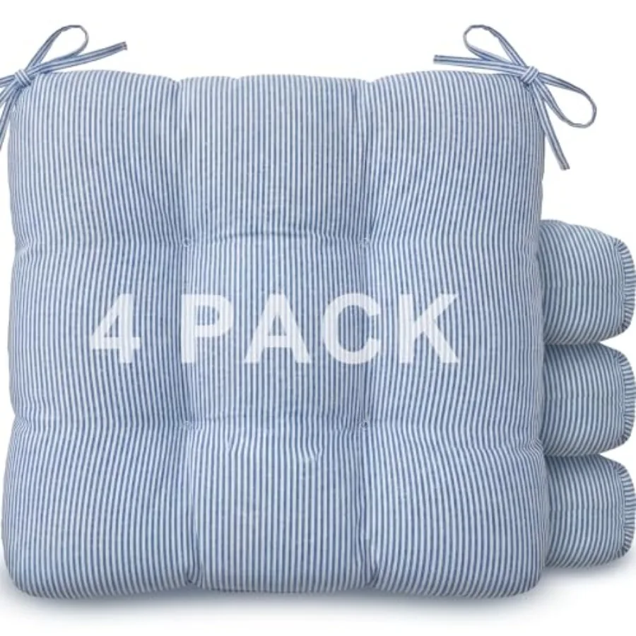 4 Pack Ticking Stripe Chair Cushions with Ties 16"x15" Reversible Indoor Chair Pads for Dining Chairs Soft Kitchen Seat Cushion