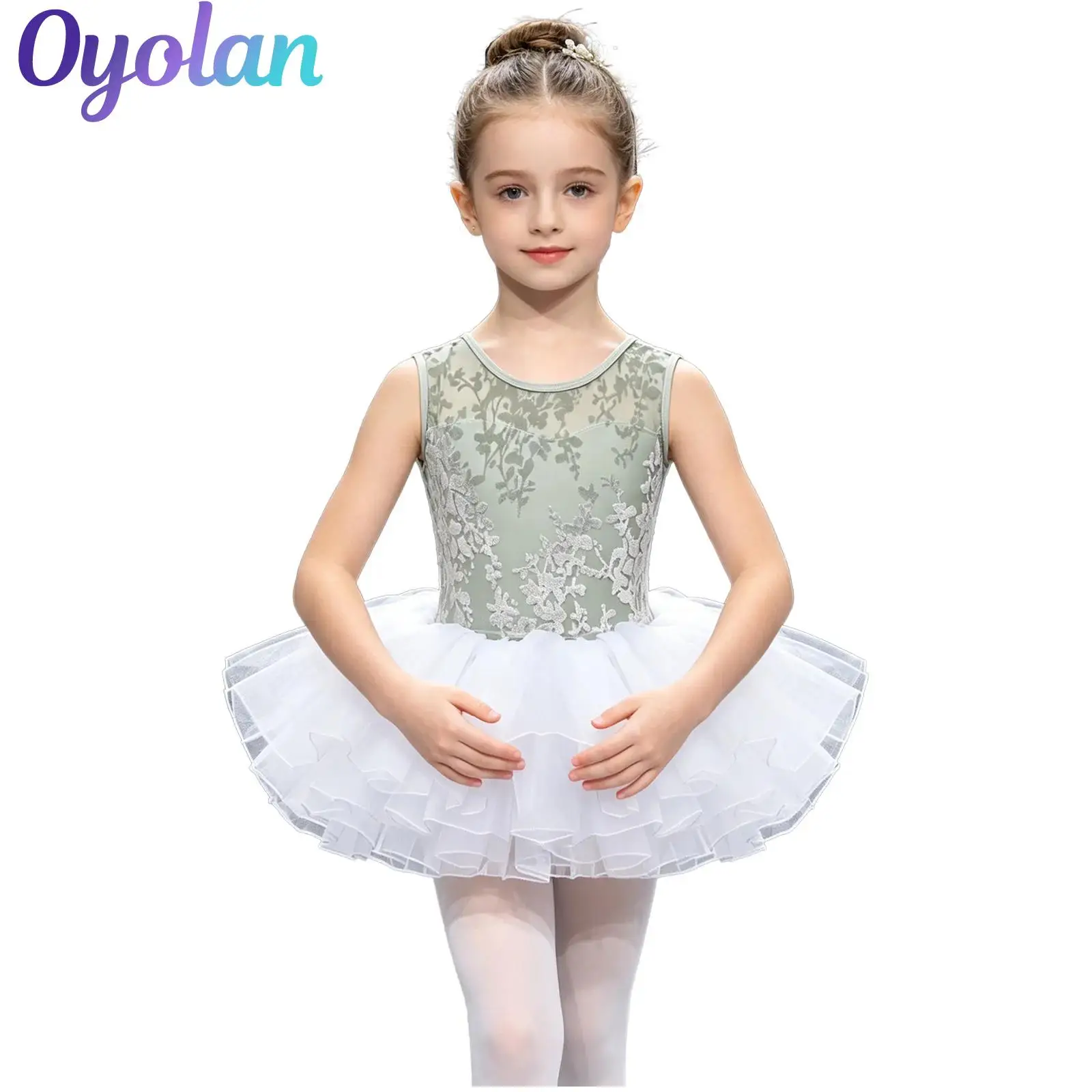 

Kids Girls Gymnastics Ballet Tutu Leotard with Layered Tulle Skirt U-back Press Button Crotch Bodysuit Performance Costume