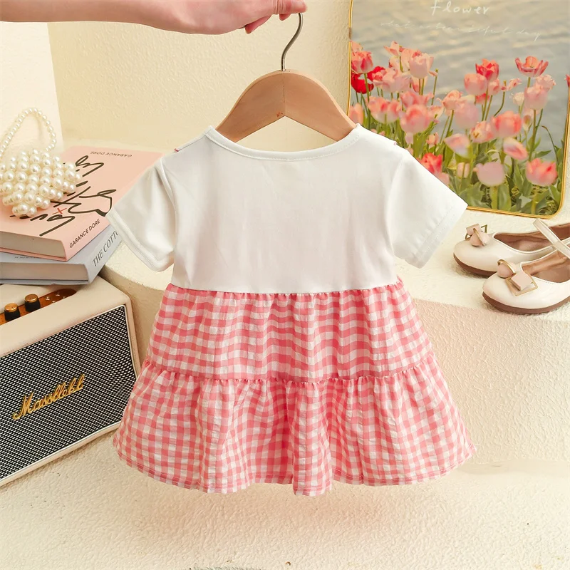 Summer New Small Fresh Plaid Baby Girl Dress, Sweet And Cute Cherry Collar Children\'S Short Sleeved Clothes (6-24 Months)