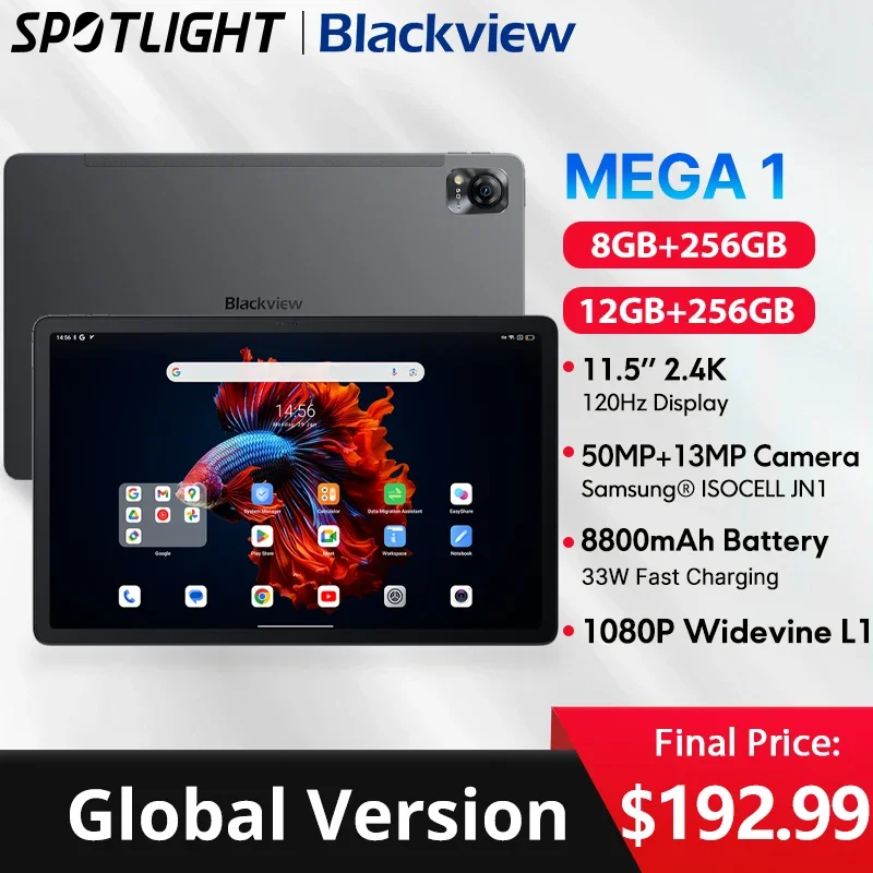 Blackview MEGA 1 Tablet 11.5 inci, layar 2.4K 120Hz kamera 50Mp + 13MP 12GB 256GB 33W pengisian daya Cepat 8800mAh