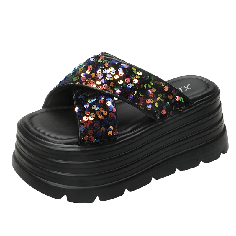 

8.5cm Synthetic Slip on Platform Wedge Fashion Sandal Bling ROME Ladies Beach Shoes Peep Toe Pumps Summer Slippers Fashion Shoes